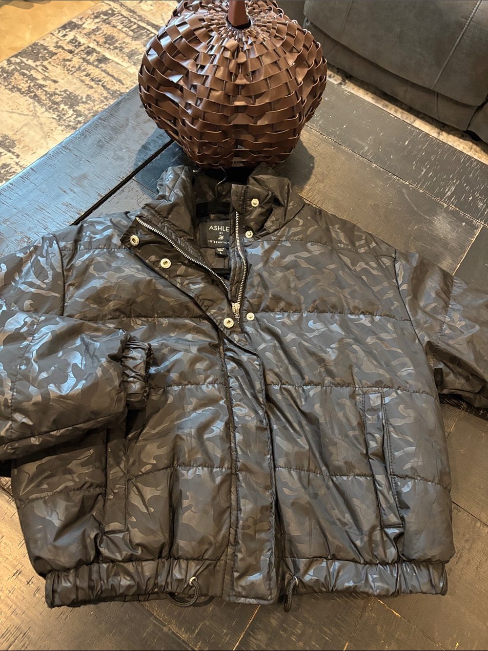 Ashley Stewart Black Camo Quilted Hooded Puffer Jacket Large